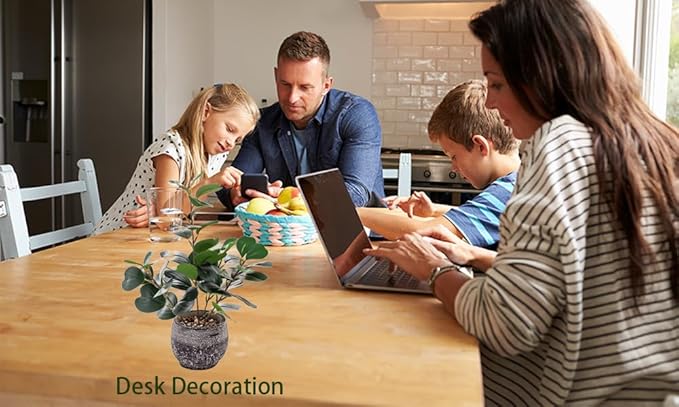 15" Fake Plants in Rustic Black Vase Real Looking and Touching Evergreen Ficus Leaf Faux Plant Indoor for Book Shelf Bathroom Office Desk Kitchen Counter Bedroom Small Space Artificial Plant Decor