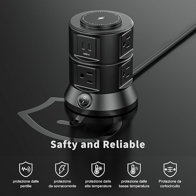 Surge Protector Power Strip Tower - Desk Charging Station with 15W Magnetic Wireless Charger, 6 AC Outlets and 4 USB (2 Type C) Ports,