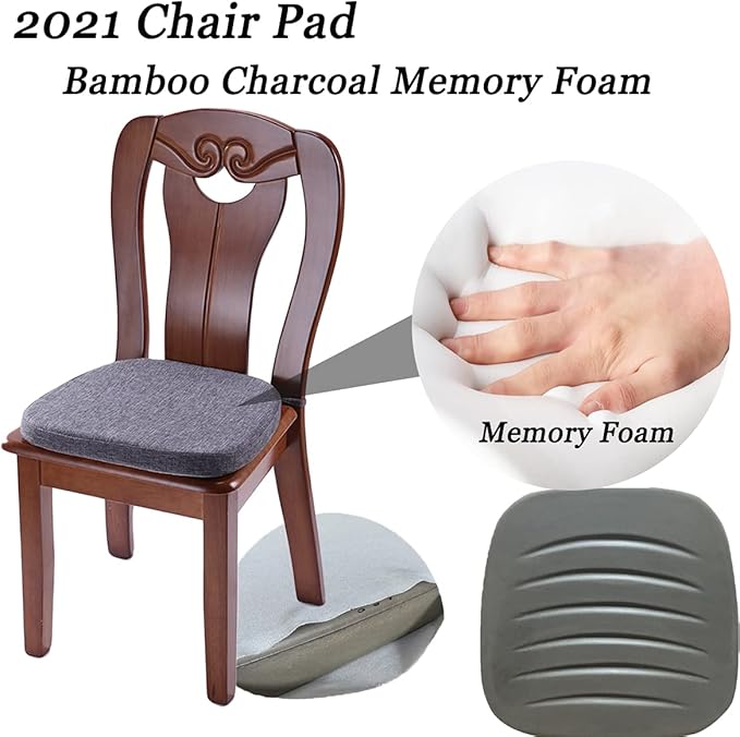Chair Cushion with Ties for Dining Chairs - Memory Foam Non Slip Kitchen Chair Pad and Dining Seat Cushion with Machine Washable Cover Set of 4 [16.5 x 16.2 Inches] (Black Gray, 4)
