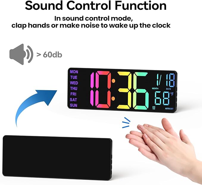 Digital Wall Clock Large Display, 13" Large Digital Wall Clock with RGB Color Remote Control, Automatic Brightness Dimmer Big Clock with Night Lights, Auto DST, Date Week,Perfect for Gift