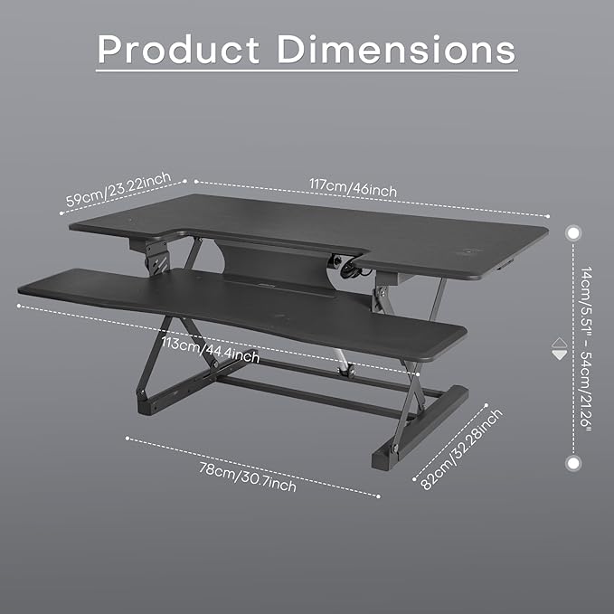 Redlife 46 inch Electric Standing Desk Converter, Height Adjustable Sit to Stand Desk Riser Extra Large Dual Monitor and Laptop Workstation with Keyboard Tray & Wireless Charging Station, Grey