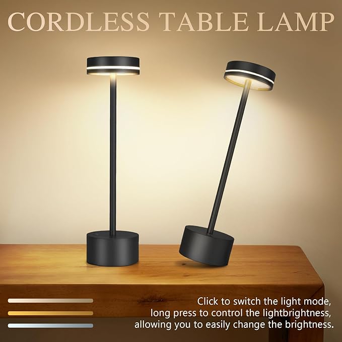2 Pack Cordless Table Lamp,Bedside Table Lamp for Bedroom,5000mAh Battery Operated Portable LED Desk Lamp,3 Way Dimmable Touch Lamp USB C Charging Ports for Living Room, Desk,Dining Room(Black)