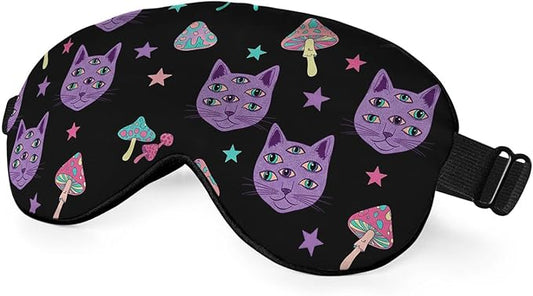 Cat Mushrooms Silk Eye Mask Sleep Mask Bright Psychedelic Cat Halloween Black Eye Mask with Adjustable Strap Lightweight for Women Work Travel Night Sleep