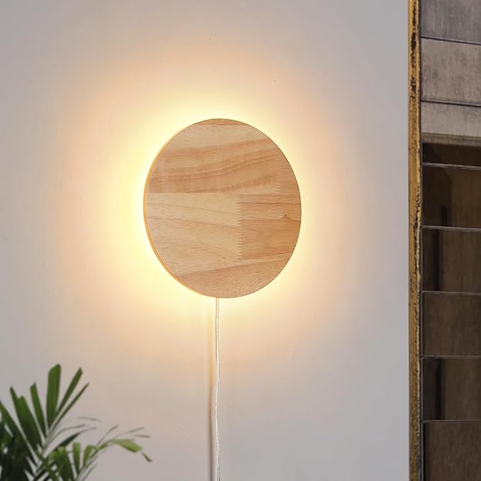 Modern Minimalist Plug in Wall Sconces, Plug-in Or Cordless 7.9'' Round Wood Backlight LED Wall Lamp, 12W, 1300LM Warm White Brightness Wall Light Fixtures for Bedroom, Living Room Wall Décor