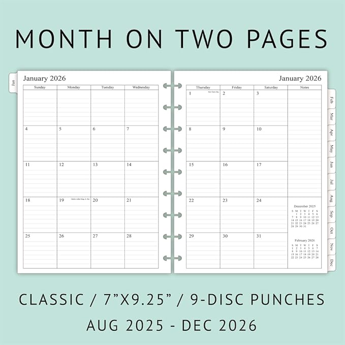 newestor 2025-2026 Planner Refills for Happy Planner Classic Size, Monthly Pages, Aug 2025 - Dec 2026, 9-Disc Punched, 7" x 9-1/4"