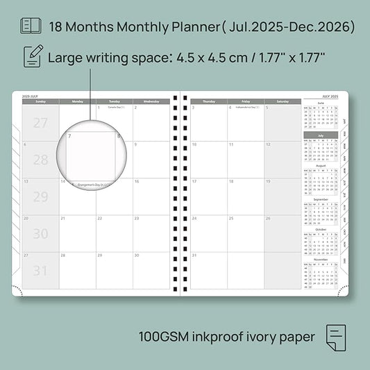 POPRUN Monthly Planner 2025-2026 Spiral Bound (8.5'' x 10.5'') 18 Months Calendar (Jul 2025 - Dec 2026) - 4 Pages per Month with Monthly Expense & Notes, Sunday Start, Leather Cover - Pacific Green