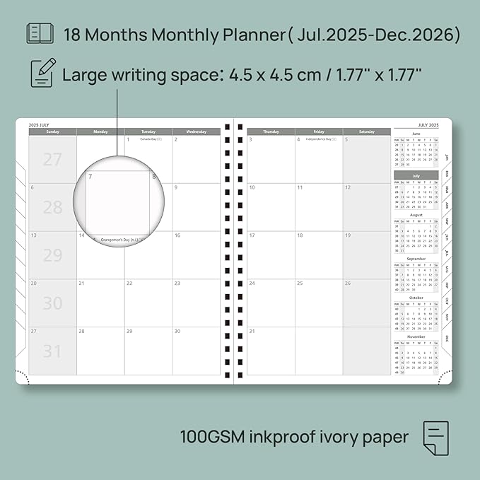 POPRUN Monthly Planner 2025-2026 Spiral Bound (8.5'' x 10.5'') 18 Months Calendar (Jul 2025 - Dec 2026) - 4 Pages per Month with Monthly Expense & Notes, Sunday Start, Leather Cover - Burgundy