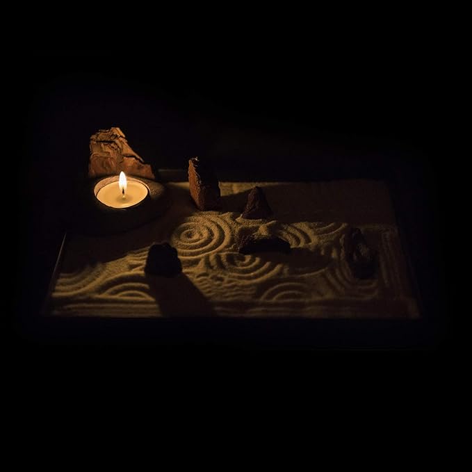 Handmade Zen Garden Pebble Tealight Candle Holder Set Wood Forest with Free Zen Garden Tools, Sand, Base Tray and Accessories