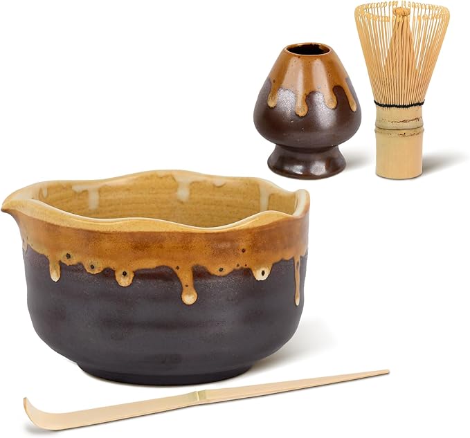 Pottery Matcha Set - Japanese Handcrafted Matcha Tea Bowl Mineral Glaze Bowl with Spout, Bamboo Whisk, Scoop & Chasen Holder | 4pc Tea Ceremony Kit for Matcha Lovers (Coffee Sand)