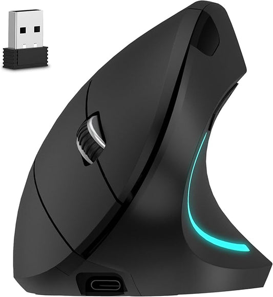 Delton Ergonomic Vertical Rechargeable Wireless Mouse with Auto Pair USB Dongle, 6 Buttons, 3 Adjustable DPI Levels (800/1200/2400), Compatible for PC, Laptop, Mac, Chromebook - Black