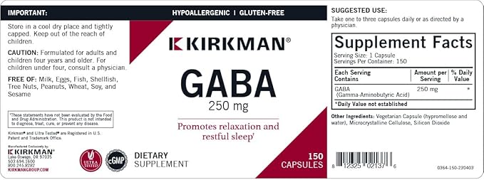 Kirkman - GABA 250 mg - 150 Capsules - Supports Relaxation - Promotes Restful Sleep - Hypoallergenic