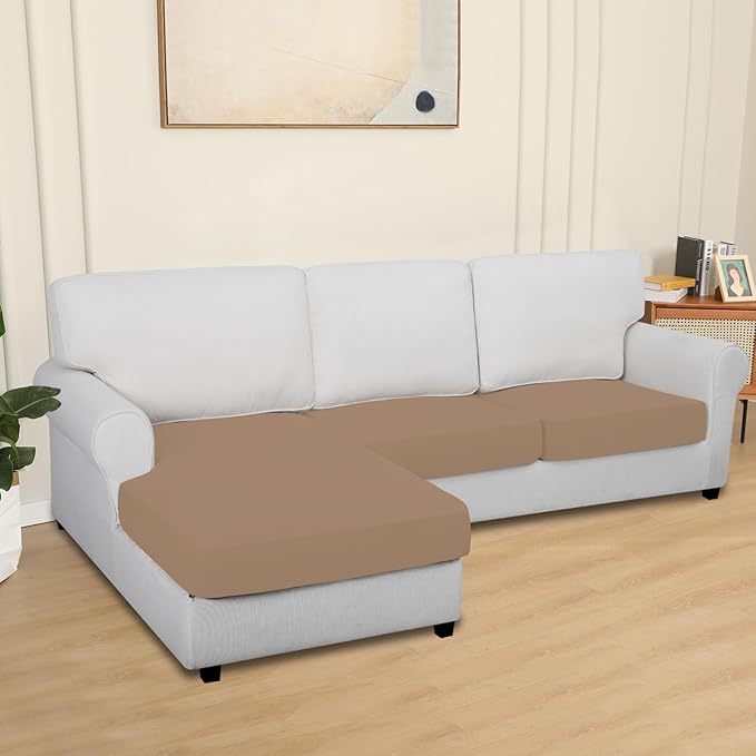 Easy-Going 100% Waterproof 3 Pieces Couch Cushion Covers for Sectional Sofa Left/Right L Shape Chaise Lounge Sofa Seat slipcover Anti-Slip Sofa Cover (2 Seater + 1 Chaise, Camel