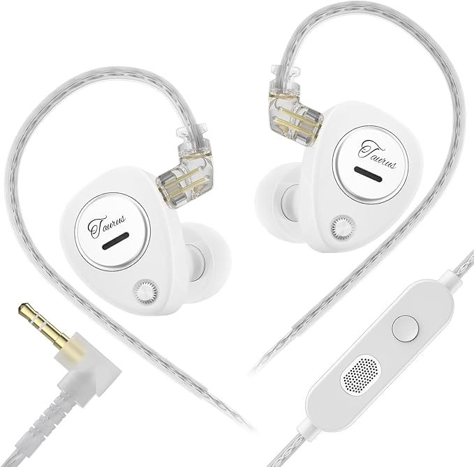 KZ Taurus in Ear Monitor IEM Earbuds, Dual 8mm Dynamic Drivers for Powerful Bass in Ear Headphones, Comfortable Fit iems for Gaming, 2-Pin Gold-Plated Wired Earbuds for Singers (White, with Mic)
