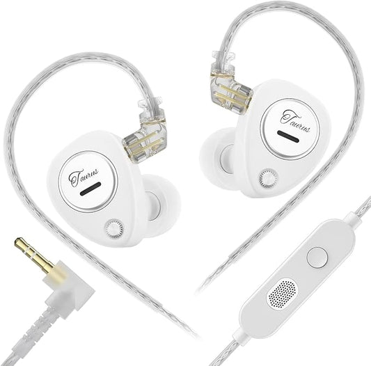KZ Taurus in Ear Monitor IEM Earbuds, Dual 8mm Dynamic Drivers for Powerful Bass in Ear Headphones, Comfortable Fit iems for Gaming, 2-Pin Gold-Plated Wired Earbuds for Singers (White, with Mic)