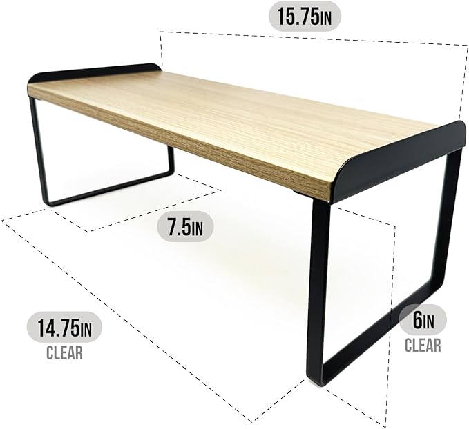 Mitus Shelf Organizer and Storage, Tiered Wood Cabinet Rack for The Kitchen Counter, Bathroom Counter, Pantry Cupboard, Office Desk Bookshelf, 16" Wide Natural and Black