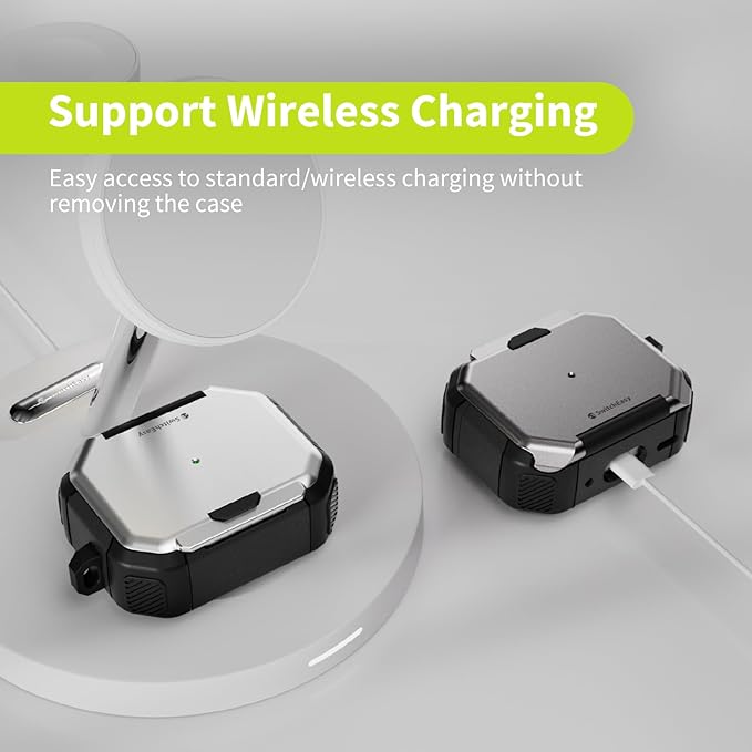 SwitchEasy Defender+ AirPods Pro Locking Case 2nd Generation & 1st Generation - Wireless Charging Case with Phone Stand, Shockproof Protection for Apple AirPods, AirPod Pro Case with Lock - Silver