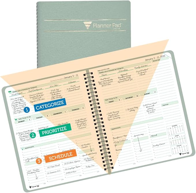 Planner Pad Spiral Bound January-December 2026/ Calendar Year 6 3/4" x 8 1/2" Medium 3-Tier Funnel Down 12 Month Organizer, Greenish Grey Cover/Soft Green Ink