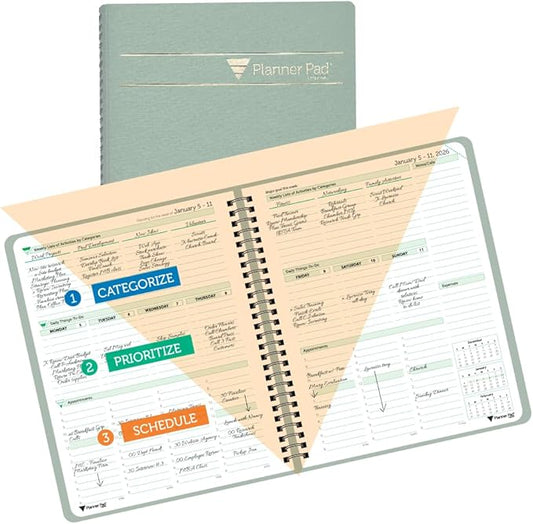 Planner Pad Spiral Bound January-December 2026/ Calendar Year 6 3/4" x 8 1/2" Medium 3-Tier Funnel Down 12 Month Organizer, Greenish Grey Cover/Soft Green Ink