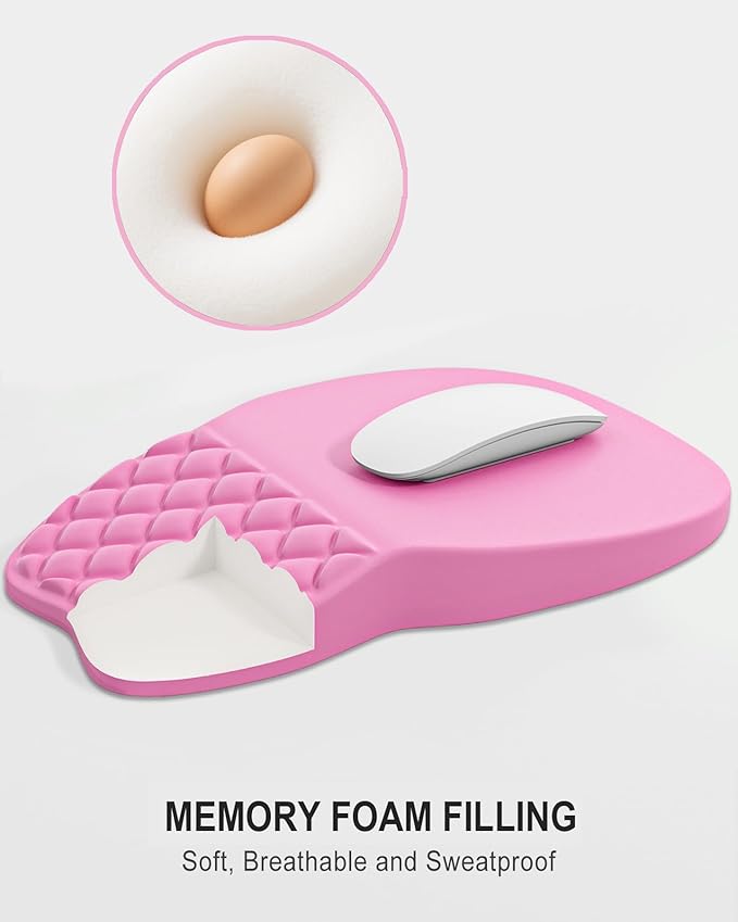 Auhoahsil Ergonomic Mouse Pad with Wrist Rest, Comfortable Slope Computer Mouse Mat with Wrist Support, Memory Foam Filling, Non-Slip Silicone Base, Pain Relief, for Gaming & Work, 8 x 12 in, Hot Pink