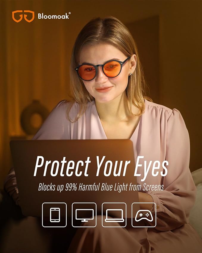 Bloomoak 99% Orange Blue Light Blocking Glasses,Retro Trendy Round Style,Relieve Eye Fatigue,Improve Sleep For Screens/Games