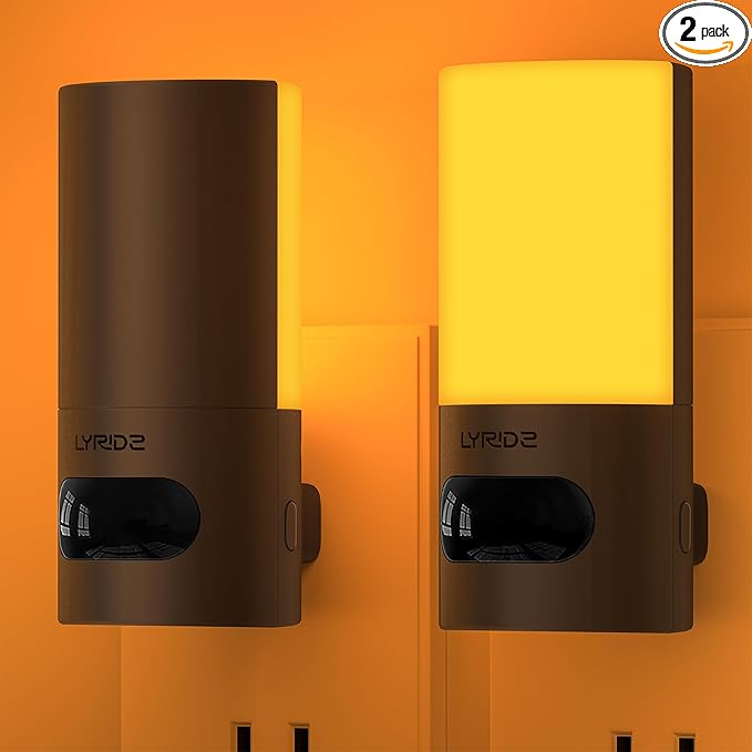 Lyridz Plug-in LED Amber Night Light with Motion Sensor, Rotatable, Dimmable Backlit Nightlight, 1-150lm Adjustable Brightness for Bathroom, Bedroom, Hallway, Stairs, 2 Pack