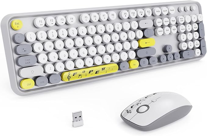 Wireless Keyboard Mouse Combo,Retro Typewriter Keyboard with Round Keycaps,2.4G Wireless Full Size Office Keyboard and Cute Mouse with 3 DPI for PC Mac Laptop Desktop Tablet Computer-Grey Colorful