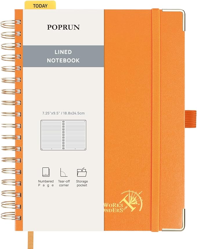 POPRUN Lined Spiral Journal Notebook for Women & Men, 7-1/4" x 9-1/2", 220 Numbered Pages, College Ruled Hardcover Notebook for Work, Journals for Writing, 120 GSM Thick Paper - Orange