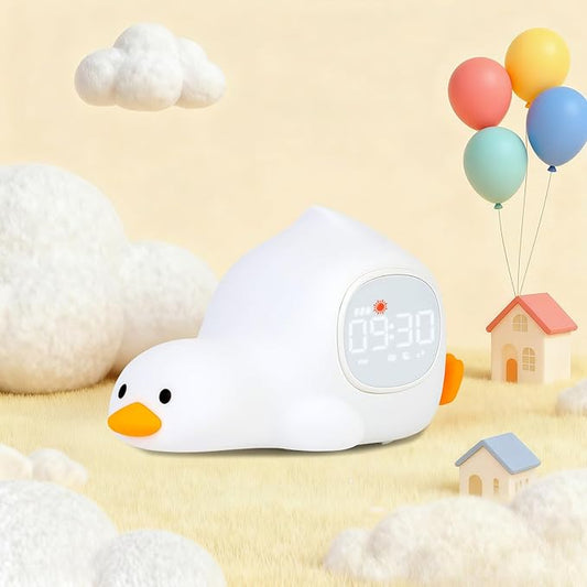 Laying Duck Alarm Clock with Night Light for Kids with Sleep Training and Sound Machine, Rechargeable Silicone Lamp OK to Wake Clock，Cute Animal Tabletop Lamp, Perfect Sleep Companion for Boys Girls