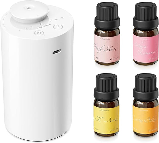 Waterless Essential Oil Diffuser Starter Kit with 4 x 10mL Fragrance Scent Oil, Battery Operated Mini Scent Air Machine Portable Diffuser for Home Car Office, AN6 White Kit01