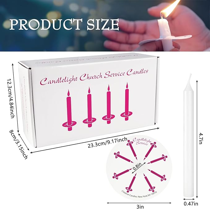 50 Church Candles with Drip Protectors for Devotional Candlelight Vigil Service, Box of 50 Candles, Unscented White 5" H X 1/2" D, No Smoke