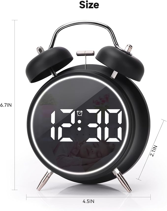 Digital Small Alarm Clock, 4.5 Inch Double Bell Electronic LED Alarm Clock, Plug in or Battery Operated Silent Metal Table Clock, Modern Loud Bedside Clock for Heavy Sleepers Adults Kids (Black)