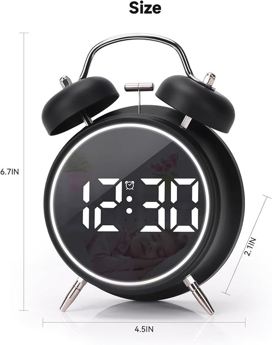 Digital Small Alarm Clock, 4.5 Inch Double Bell Electronic LED Alarm Clock, Plug in or Battery Operated Silent Metal Table Clock, Modern Loud Bedside Clock for Heavy Sleepers Adults Kids (Black)