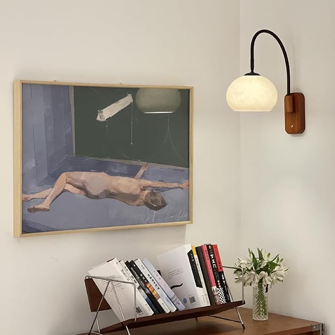 Modern Decoration Wall Sconce Mid Century with White Milk Glass Vintage Industrial Wood Wall Light Hardwired Smoke Grey Amber Farmhouse Reading Wall Lamp for Bedroom Living Room Bedside