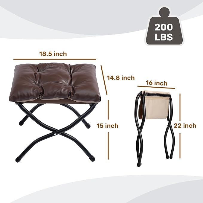 HollyHOME 15" H Folding Footrest Stool,Upholstered Foldable Ottoman with Padded Design. Features Metal Frame for Portability. Ideal for Sofas, Lazy Chairs,Living Room,Bedroom.PU Brown