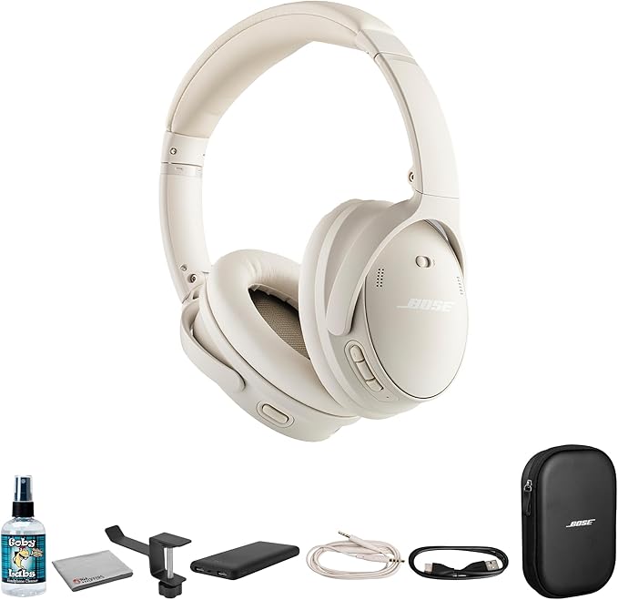 Bose QuietComfort Wireless Over-Ear Active Noise Canceling Headphones (884367-0200) Bundle Including: P-Bank Battery, Headphone Holder, Goby Labs Headphone Cleaner, Fiber Cloth (Renewed)