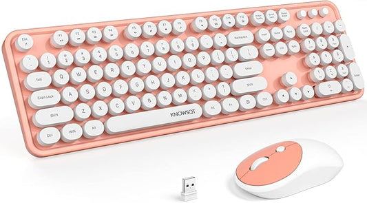 KNOWSQT Wireless Keyboard and Mouse Combo - White-Orange Full-Sized 2.4 GHz 104 Keys Typewriter Cute Keyboard, Round Keycap and Optical Mouse for Windows, Computer, PC, Laptop, Desktop