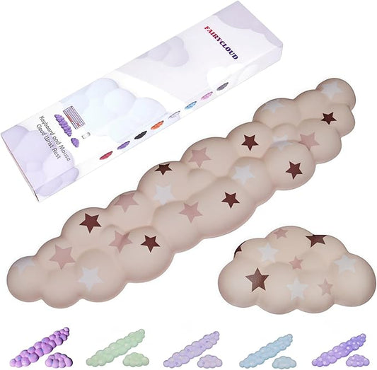 Cloud Wrist Rest Set for Keyboard and Mouse, Includes Cute Coaster, with Computers and Laptops (Milk Tea Colorful Star Set)