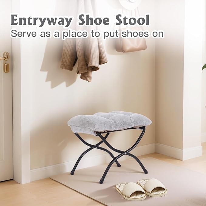 Welnow Folding Foot Stool, Upholstered Small Accent Ottoman with Detachable Thick Cotton Cushion Padded Sofa Stool and Metal Frame for Lazy Chair, Living Room, Bedroom, Plush Grey