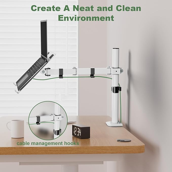 White Laptop Desk Mount with Vented Tray for Notebook up to 17 inch, Fully Adjustable Single Laptop Arm Stand Holds up to 17.6 lbs, Clamp on/Grommet Mounting