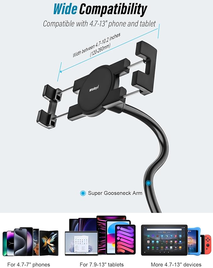 Gooseneck Spin Bike Tablet Holder, Handlebar Clamp Tablet Mount for Stroller, Wheelchair, Indoor Peloton, Treadmill, Stationary Exercise Bicycle, Elliptical, for 4-13" iPad Pro Air Mini, Galaxy, Fire