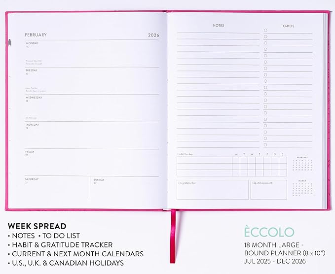 Eccolo 2025-2026 Large Agenda Planner, 18 Month, Yearly, Monthly & Weekly Pages, Habit & Gratitude Tracker (Hard Cover- 8 x 10")