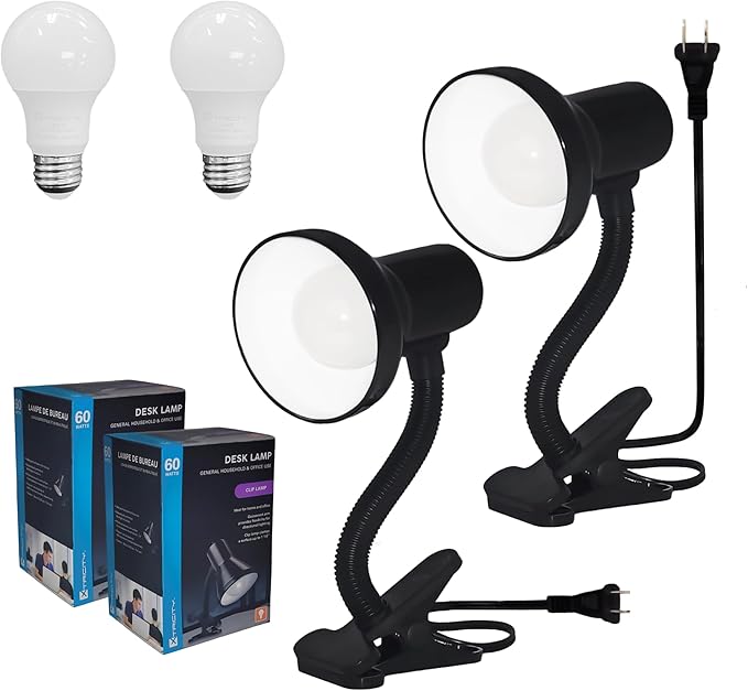 Xtricity LED Clip on Desk Lamp with 360° Flexible Gooseneck, Reading Light for Bed Headboard– 6W A19 Bulb Included, 120V, On/Off Switch, 10.25” Height Table Lamp with Black Finish (2 Pack)