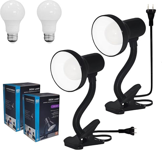 Xtricity LED Clip on Desk Lamp with 360° Flexible Gooseneck, Reading Light for Bed Headboard– 6W A19 Bulb Included, 120V, On/Off Switch, 10.25” Height Table Lamp with Black Finish (2 Pack)