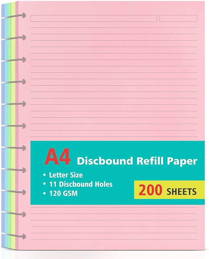 Letter Size 11 Discs 120gsm Discbound Refill Paper, Discbound 5 Colorful Line Papers, Disc Paper Refill, Loose-Leaf Papers, Disc Planner Inserts, 200 Sheets/400 Pages