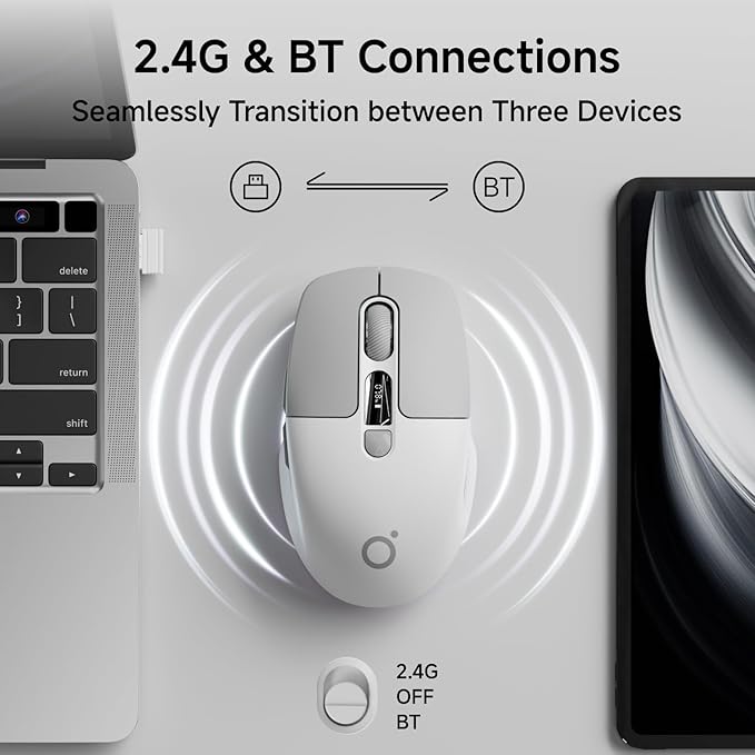 EWEADN Q1 Wireless Mouse, Bluetooth & 2.4G Silent Mouse Quiet Click with 3 DPI Levels, Battery & DPI Smart Display, 6 Button Small Portable Cordless Mice for Laptop/PC/Mac-Grey