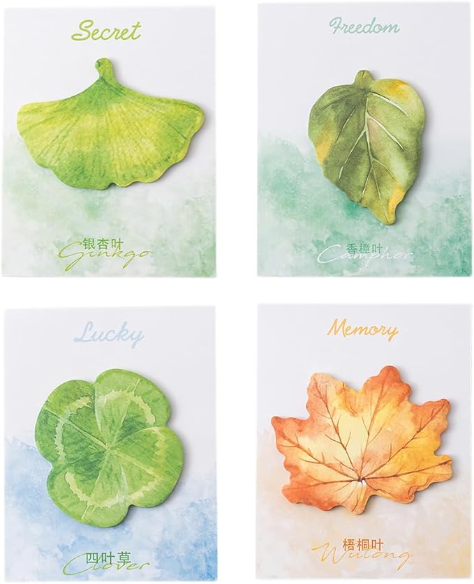 4 Shapes – Clover, Laurel, Phoenix, Ginkgo Leaves Cute Funny Stick Note Pads, Perfect for Office Home School Desk Accessories, 30 Sheets/pad