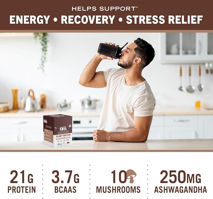 OM MUSHROOM SUPERFOOD Master Blend Mushrooms & Adaptogens, Creamy Chocolate Plant Protein, Single Serve, 10 Count, 10 Mushroom Complex, Lion's Mane, Ashwagandha, Stress Relief, GLP-1 Support