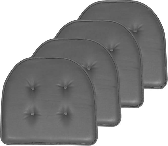 Sweet Home Collection Chair Cushion Memory Foam Pads Tufted Slip Non Skid Rubber Back U-Shaped 17" x 16" Seat Cover, 4 Count (Pack of 1), Faux Leather Gray