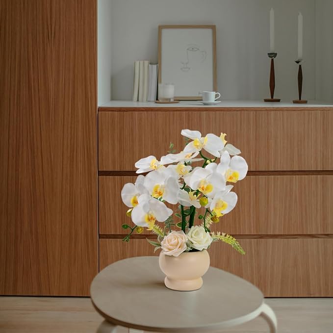 LESING Artificial Orchid Flower with Vase, White Orchid Bonsai Faux Orchid Phalaenopsis Plant Pot Arrangements for Home Decoration (White,Beige Vase)