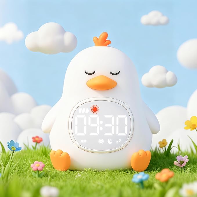 Sleepy Duck Alarm Clock with Night Light for Kids with Sleep Training and Sound Machine, Rechargeable Silicone Lamp OK to Wake Clock，Cute Animal Tabletop Lamp, Perfect Sleep Companion for Boys Girls